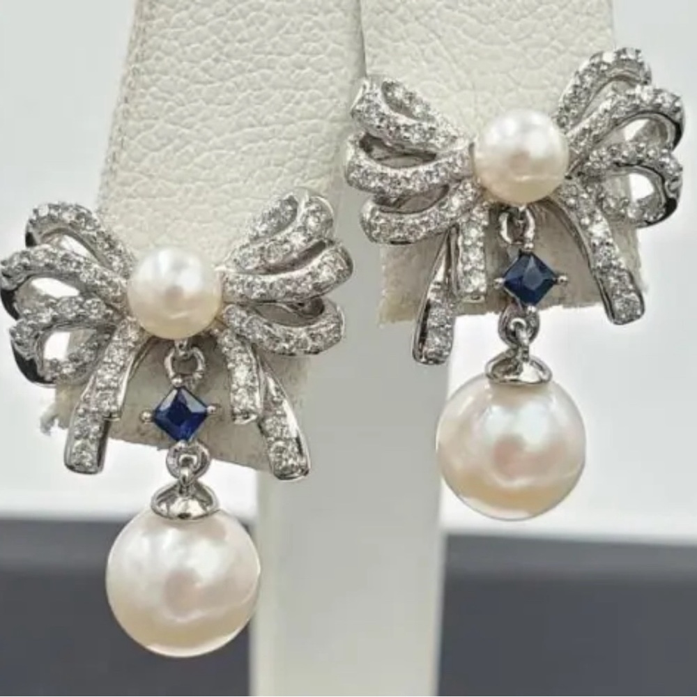 RARE! Vera Wang Love 14k White Gold FW Pearl Sapphire Diamond Bow Earrings